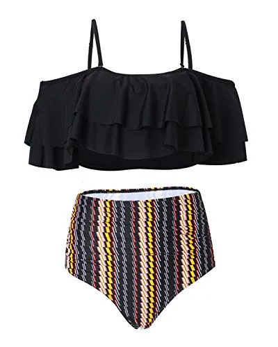 Removable Padded Two Piece Swimsuit For Women High Waisted Bottoms-Black Tribal