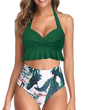 Ruched High Waisted Bikini Two Piece Swimsuits-Green Tropical Floral