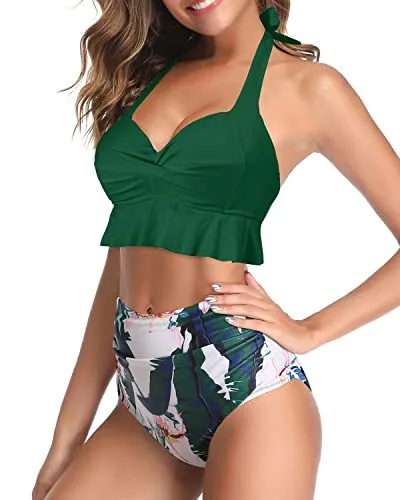 Ruched High Waisted Bikini Two Piece Swimsuits-Green Tropical Floral
