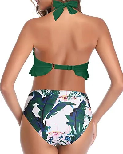 Ruched High Waisted Bikini Two Piece Swimsuits-Green Tropical Floral
