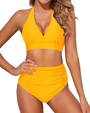 Sexy Halter Bikini Set Push Up Padded Bra 2 Piece Bikini Bathing Suits-Yellow