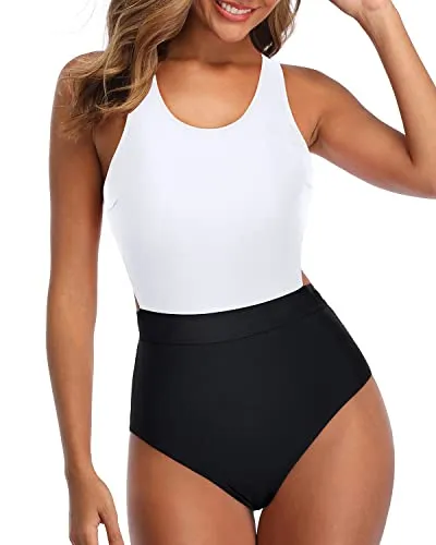 Side Cut Out One Piece Tummy Control Cutout Swimsuits For Teen Girls-White And Black