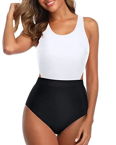 Side Cut Out One Piece Tummy Control Cutout Swimsuits For Teen Girls-White And Black