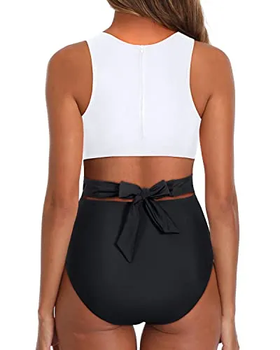 Side Cut Out One Piece Tummy Control Cutout Swimsuits For Teen Girls-White And Black