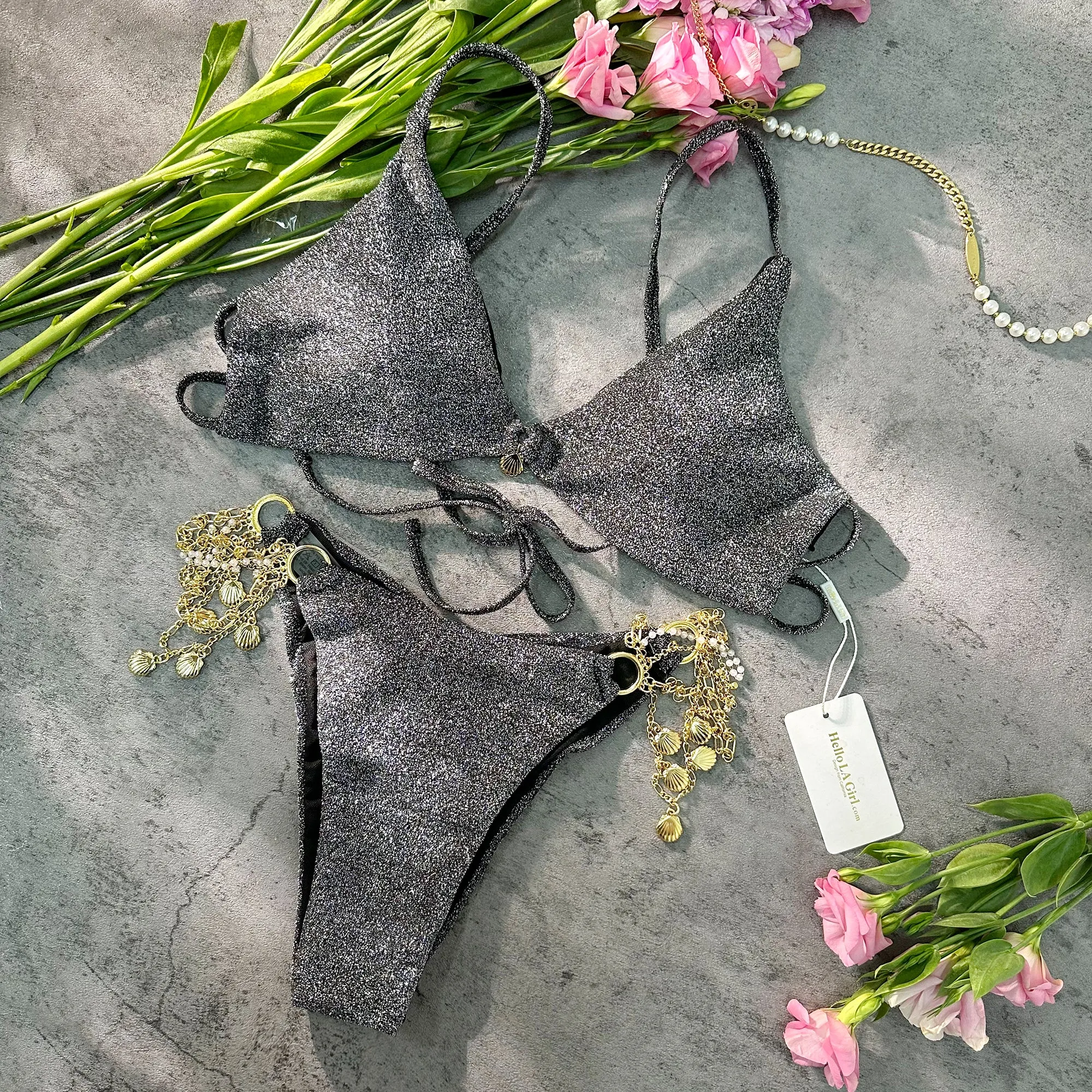 Silver Grey Metal Chain Pearl Shell Accessory Lace Up Bikini