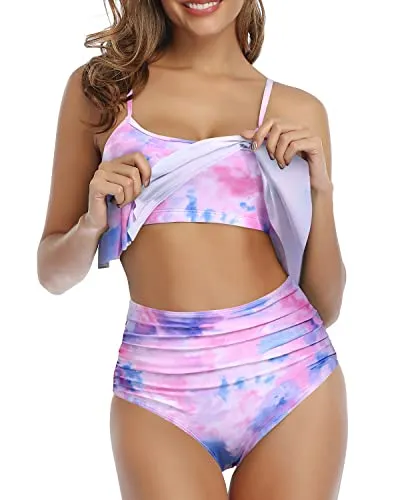 Slimming High Waisted Bikini Set Double Tiered Ruffle Top-Color Tie Dye