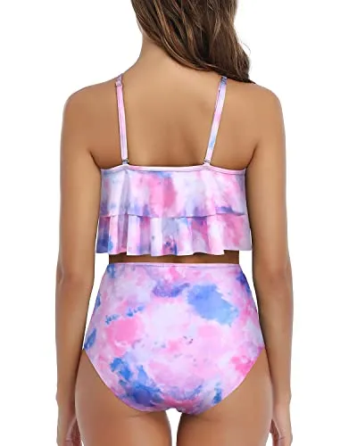 Slimming High Waisted Bikini Set Double Tiered Ruffle Top-Color Tie Dye