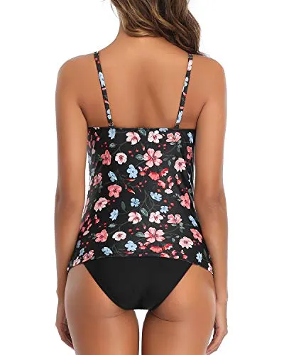 Slimming Padded Push Up Two Piece Tankini Swimsuit-Black And Pink Floral