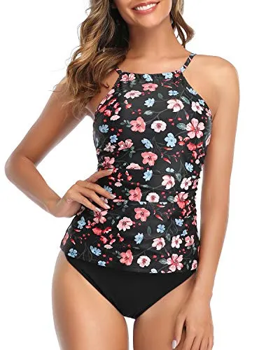Slimming Padded Push Up Two Piece Tankini Swimsuit-Black And Pink Floral