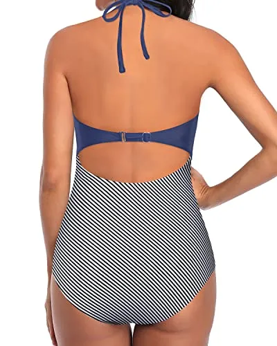Slimming Silhouette Tie Monokini Halter One Piece Swimsuits-Blue White Stripe