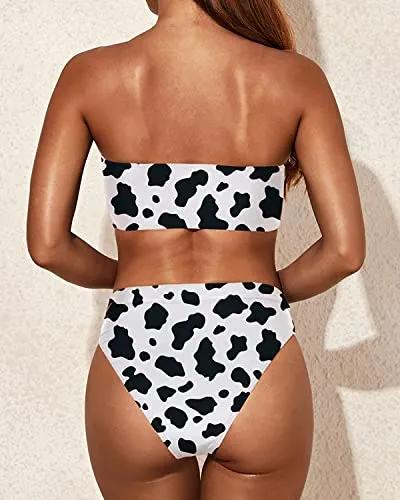 Slimming Two Piece Bikini High Cut Bottom And Strapless Top-Black And White Cow Pattern