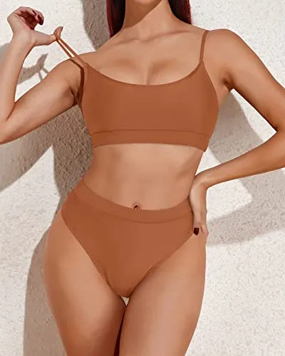 Stretchy Waistband Tummy Control Two Piece High Waisted Bikini-Brown
