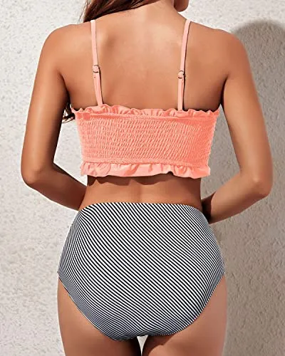 Tropical Vacation Two Piece Bikini Set Ruffled Bikini-Coral Pink Stripe