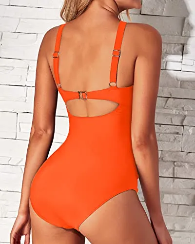 Tummy Control Backless One Piece Front Cross Keyhole Swimsuits-Neon Orange