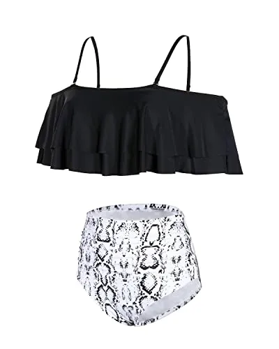 Tummy Control Off Shoulder Bikini Set For Women-Black Snake