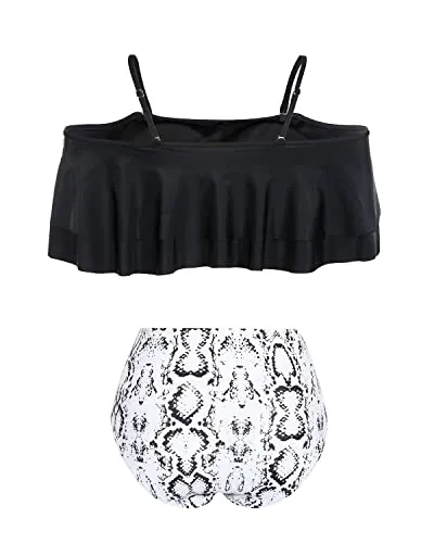 Tummy Control Off Shoulder Bikini Set For Women-Black Snake