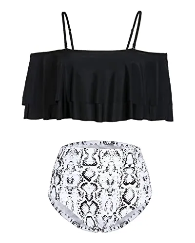 Tummy Control Off Shoulder Bikini Set For Women-Black Snake