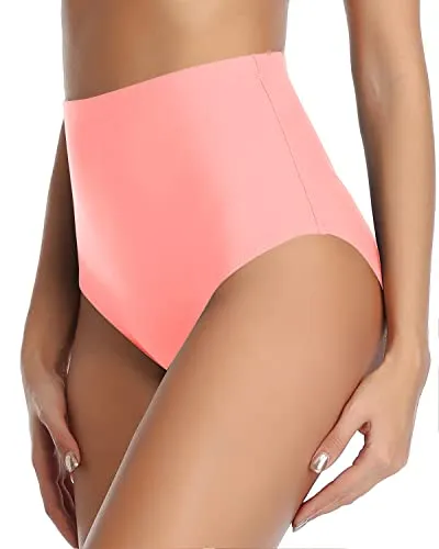 Tummy Control Retro High Waist Swim Bottoms-Coral Pink