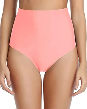 Tummy Control Retro High Waist Swim Bottoms-Coral Pink