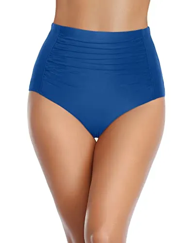 Tummy Control Swimsuit Bottoms Flattering Ruched Pattern-Blue