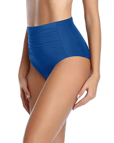 Tummy Control Swimsuit Bottoms Flattering Ruched Pattern-Blue