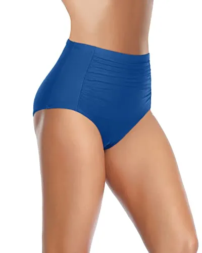Tummy Control Swimsuit Bottoms Flattering Ruched Pattern-Blue