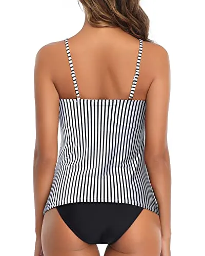 Tummy Control Two Piece Tankini Bathing Suit-Black And White Stripe