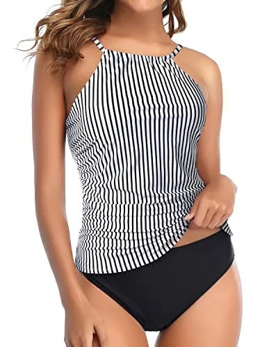 Tummy Control Two Piece Tankini Bathing Suit-Black And White Stripe