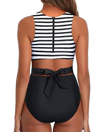 Tummy Slimming One Piece Tummy Control Cutout Swimsuits For Teen Girls-Black And White Stripe