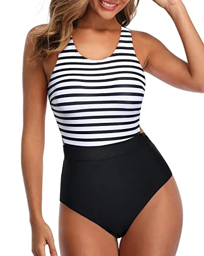 Tummy Slimming One Piece Tummy Control Cutout Swimsuits For Teen Girls-Black And White Stripe
