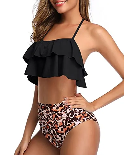 Two Piece Adorable Tiered Ruffle High Waisted Bikini Set For Girls-Black And Leopard