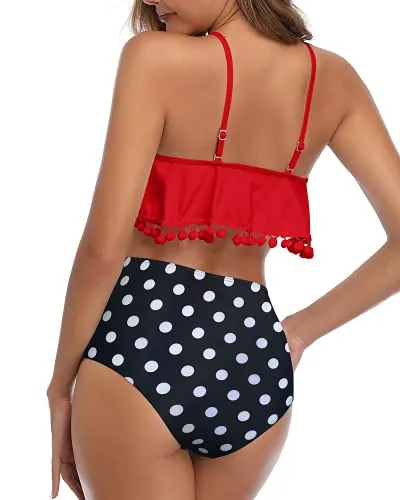 Two Piece Bikini Ruffled Flounce Flowy Top & Ruched High Rise Bottom-Red Dot