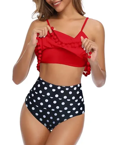 Two Piece Bikini Ruffled Flounce Flowy Top & Ruched High Rise Bottom-Red Dot