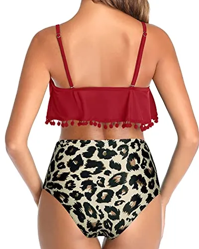 Two Piece Bikini Swimsuit Bottoms And Ruffle Flounce Trim-Red And Leopard