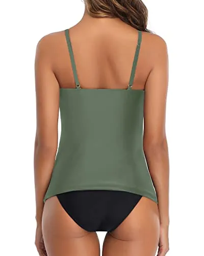 Two Piece Full Coverage Ruched Tankini Bathing Suit-Olive Green
