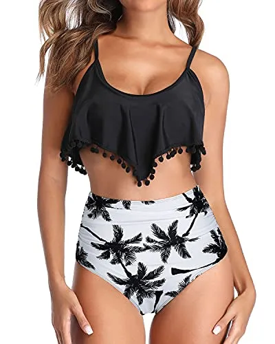 Two Piece Pom Pom Trim Stylish High Waisted Bikini-Black Palm Tree