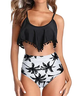 Two Piece Pom Pom Trim Stylish High Waisted Bikini-Black Palm Tree