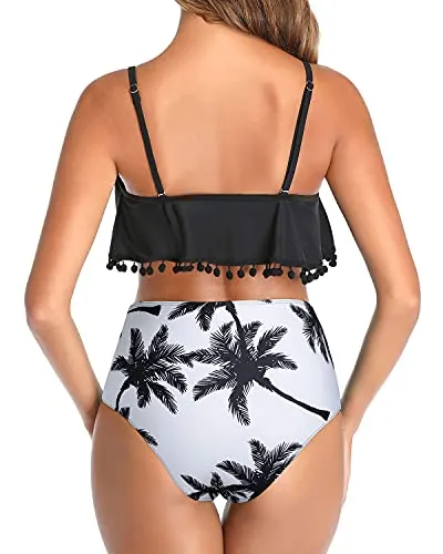 Two Piece Pom Pom Trim Stylish High Waisted Bikini-Black Palm Tree
