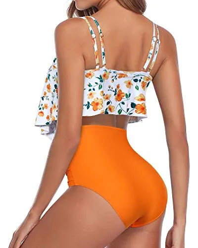 Two Piece Ruffle Off Shoulder High Waist Ruched Bikini Swimsuit-Yellow Floral