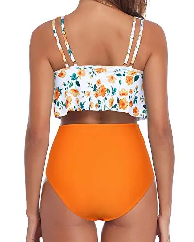 Two Piece Ruffle Off Shoulder High Waist Ruched Bikini Swimsuit-Yellow Floral