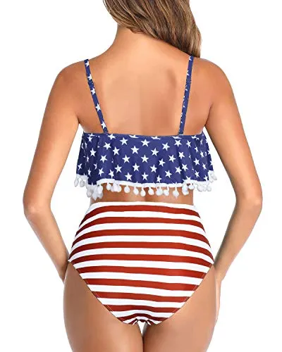 Two Piece Ruffle Swimsuit Flounce High Waisted Bikini-National Flag