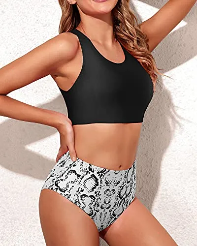 Two Piece Sporty High Waisted Bikini Swimsuits For Women-Black Snake