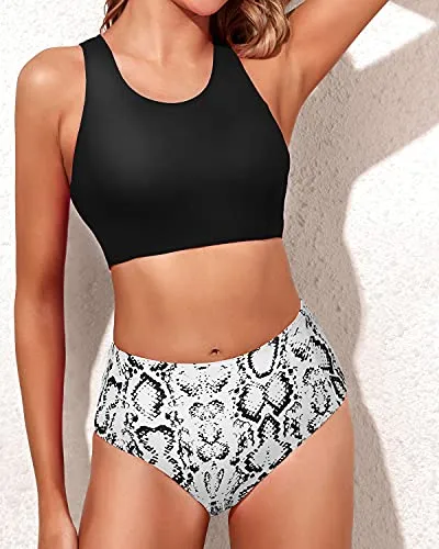 Two Piece Sporty High Waisted Bikini Swimsuits For Women-Black Snake