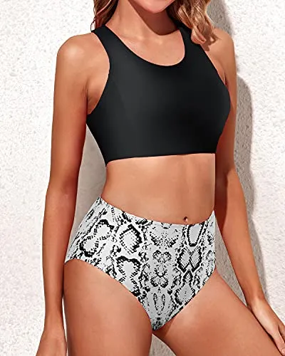 Two Piece Sporty High Waisted Bikini Swimsuits For Women-Black Snake
