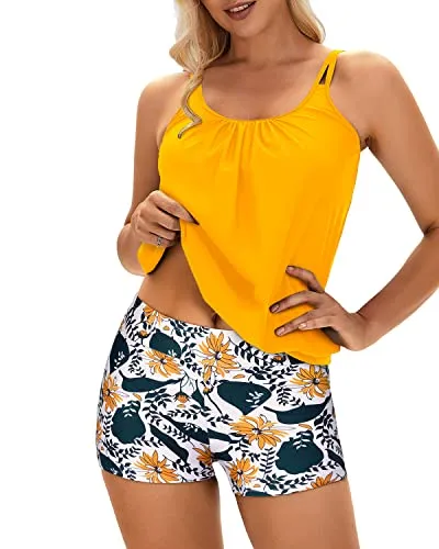 Two Piece Tankini Swimsuits Blouson Top & Boyshorts For Women-Yellow Floral