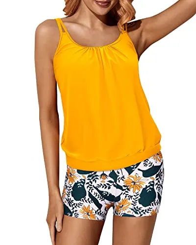 Two Piece Tankini Swimsuits Blouson Top & Boyshorts For Women-Yellow Floral