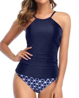 Two Piece Tummy Control Tankini High Cut Bottom-Navy Blue Tribal