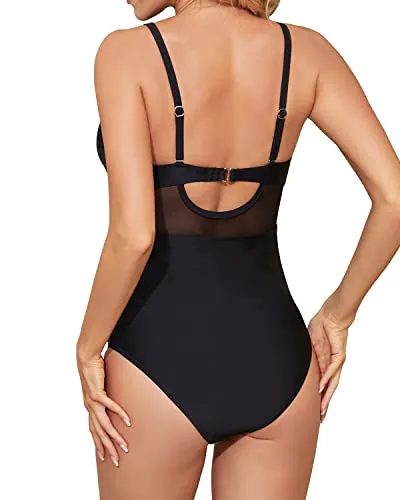 V Neck Cutout Push Up Tummy Control Women's One Piece Swimwear-Black