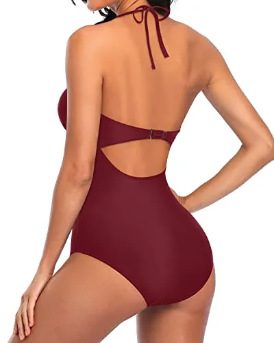 V Neck Open Back Monokini Halter One Piece Swimsuits-Maroon