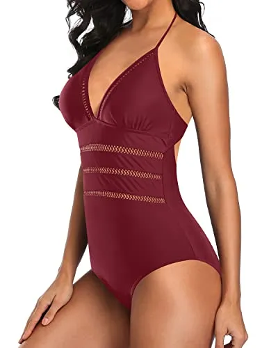 V Neck Open Back Monokini Halter One Piece Swimsuits-Maroon